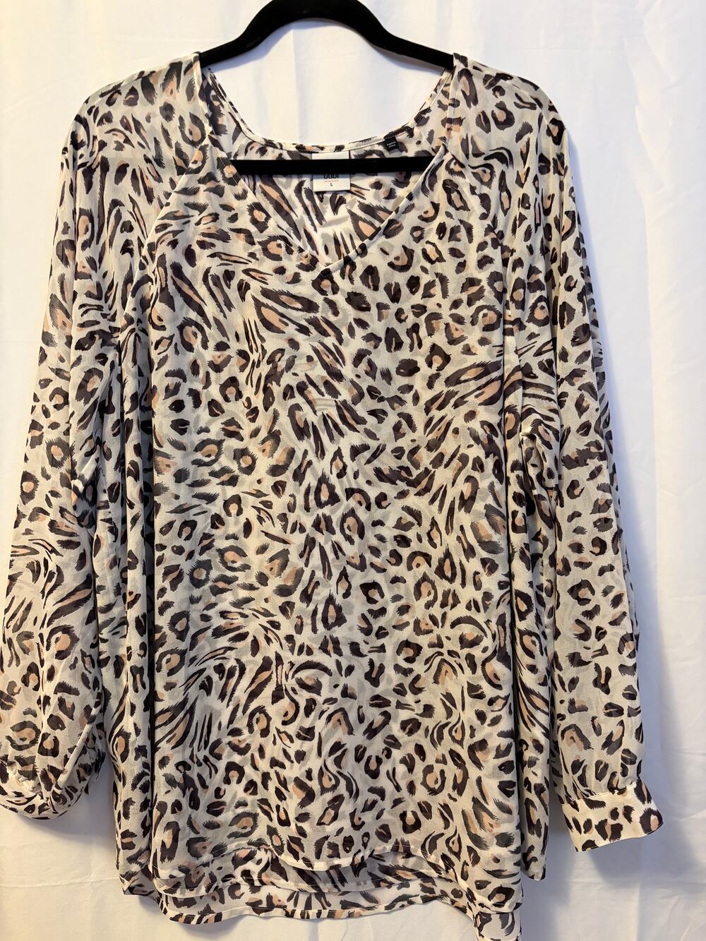 CAbi Glamour Sem-Sheer Blouse Top White Brown Black Leopard Long Sleeve Sz L